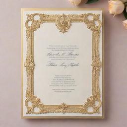 An elegantly designed invitation letter with embossed lettering, a luxurious gold border, and ornate detailing on premium cardstock. The color scheme is a refined blend of cream and gold.