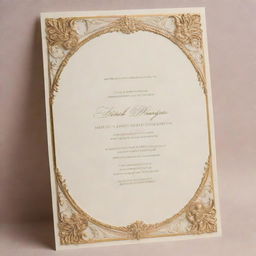 An elegantly designed invitation letter with embossed lettering, a luxurious gold border, and ornate detailing on premium cardstock. The color scheme is a refined blend of cream and gold.