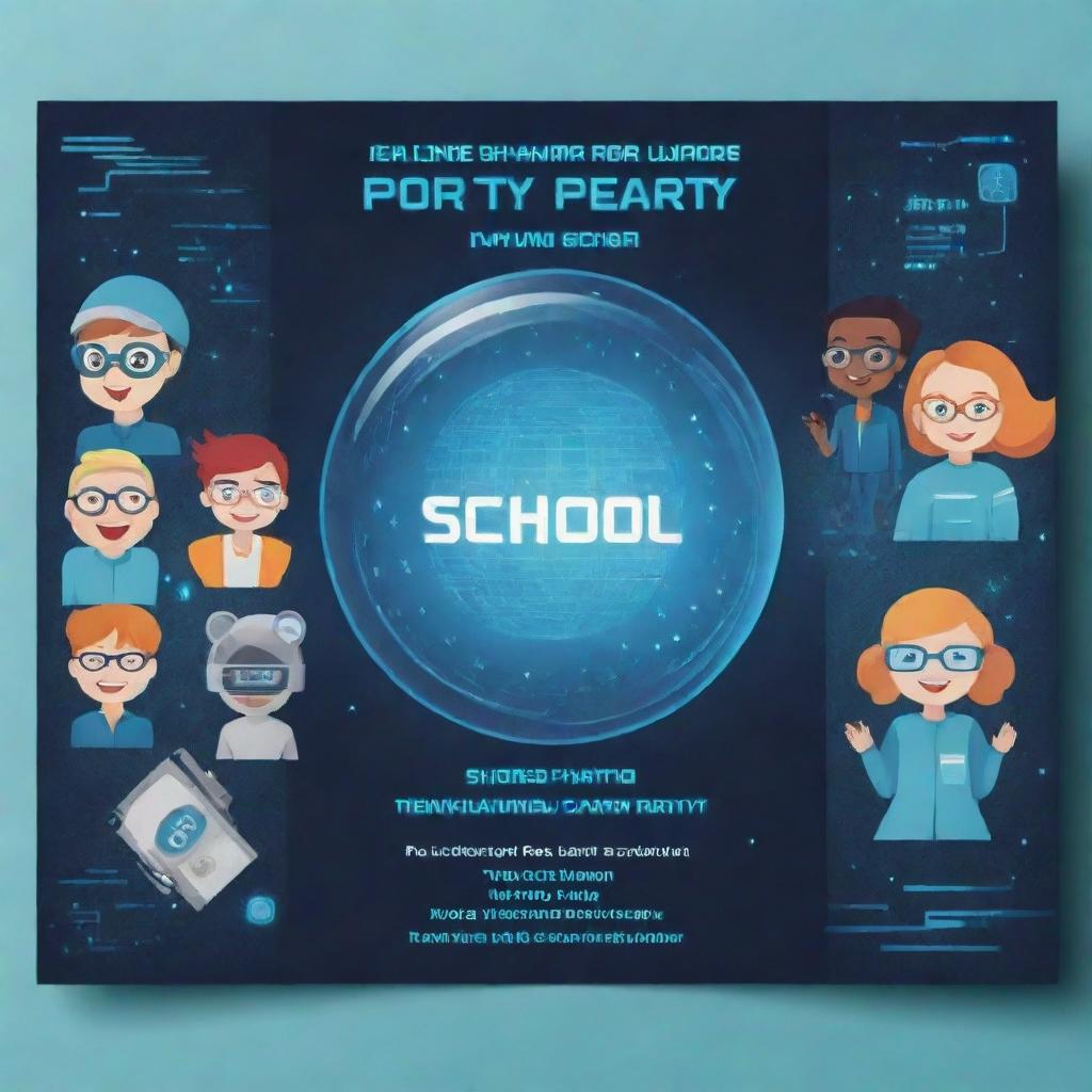 A futuristic-themed school party invitation featuring a school setting from the future and students wearing futuristic attire. The design should convey excitement, imagination and embody the spirit of forward-thinking.