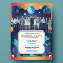 A futuristic-themed school party invitation featuring a school setting from the future and students wearing futuristic attire. The design should convey excitement, imagination and embody the spirit of forward-thinking.