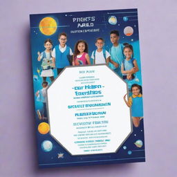 A futuristic-themed school party invitation featuring a school setting from the future and students wearing futuristic attire. The design should convey excitement, imagination and embody the spirit of forward-thinking.