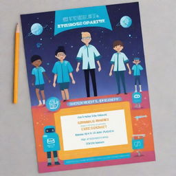 A futuristic-themed school party invitation featuring a school setting from the future and students wearing futuristic attire. The design should convey excitement, imagination and embody the spirit of forward-thinking.