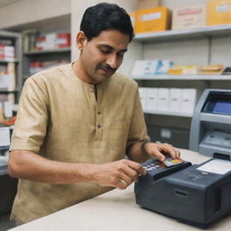 A merchant in traditional Indian attire inserting a credit card into a card reader