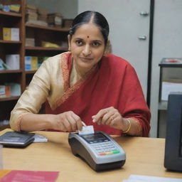 A merchant in traditional Indian attire inserting a credit card into a card reader