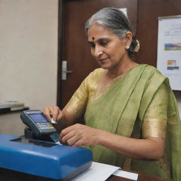 A merchant in traditional Indian attire inserting a credit card into a card reader