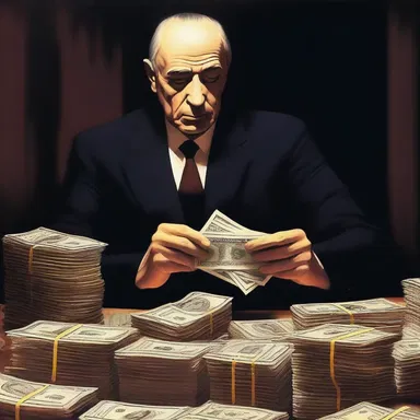 The painting depicted a money handler counting stacks of dollar bills in a dark room.