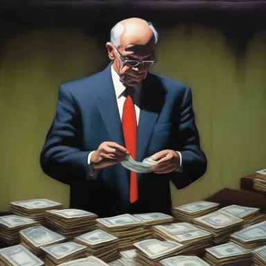 The painting depicted a money handler counting stacks of dollar bills in a dark room.