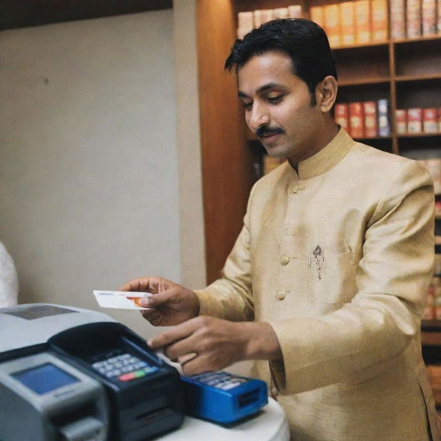 A merchant in traditional Indian attire inserting a credit card into a card reader