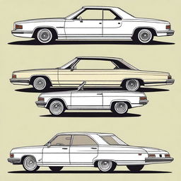 A collection of high-quality digital art images depicting four different car body types: a sedan, a coupe, a hatchback, and a wagon