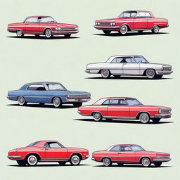 A collection of high-quality digital art images depicting four different car body types: a sedan, a coupe, a hatchback, and a wagon