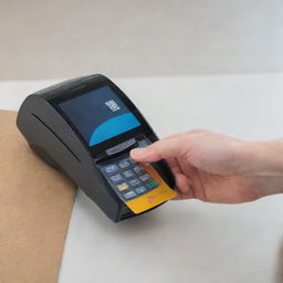 A hand sliding a credit card into a POS (Point of Sale) machine