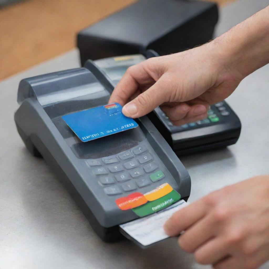 A hand sliding a credit card into a POS (Point of Sale) machine