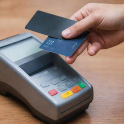 A hand sliding a credit card into a POS (Point of Sale) machine