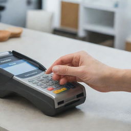 A hand sliding a credit card into a POS (Point of Sale) machine