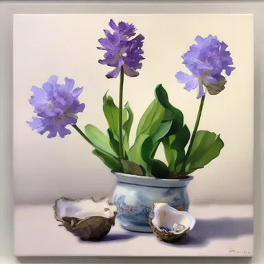 The artist's painting featured a still life of oyster plants, showcasing their unique milky sap and vibrant purple flowers.