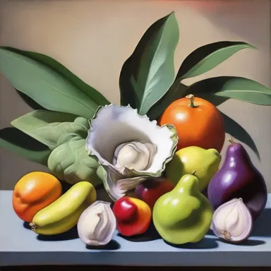 The artist creates a stunning still life painting featuring an oyster plant among other fruits and vegetables.
