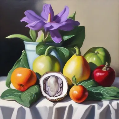 The artist creates a stunning still life painting featuring an oyster plant among other fruits and vegetables.