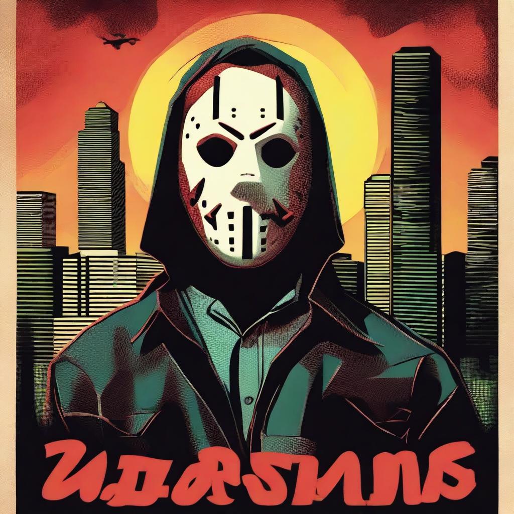 This digital art piece is crafted in the style of a 70's horror movie poster, featuring a masked slasher