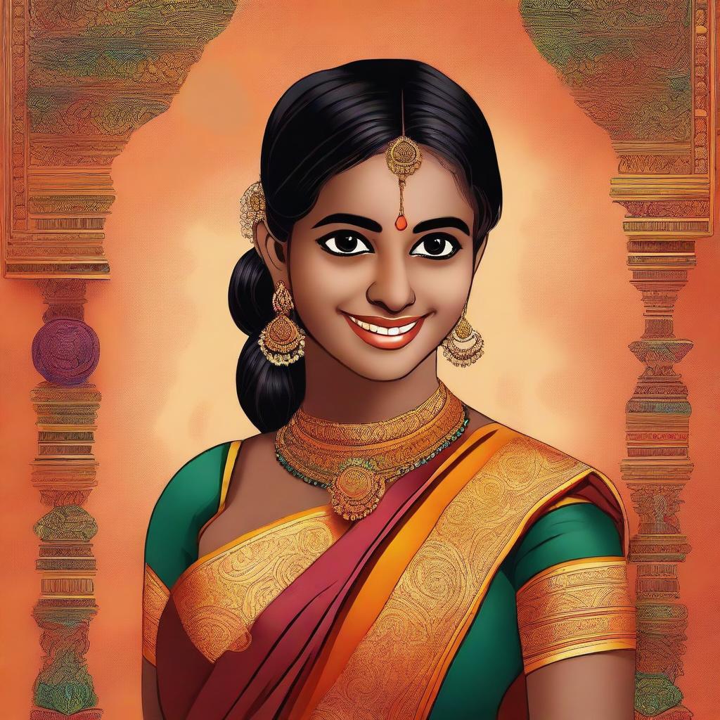 A high-quality digital art piece showcasing a Tamil girl adorned in a traditional saree