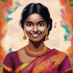 A high-quality digital art piece showcasing a Tamil girl adorned in a traditional saree