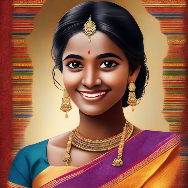 A high-quality digital art piece showcasing a Tamil girl adorned in a traditional saree