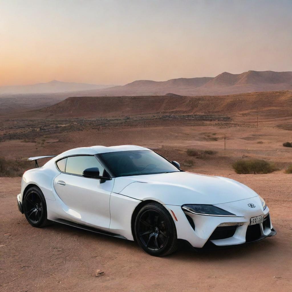 A sleek, Toyota Supra parked in a traditional Algerian landscape at sunset, displaying a contrast between modern auto technology and traditional Algerian architecture.