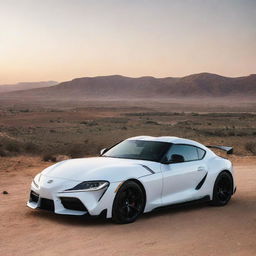 A sleek, Toyota Supra parked in a traditional Algerian landscape at sunset, displaying a contrast between modern auto technology and traditional Algerian architecture.