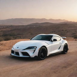 A sleek, Toyota Supra parked in a traditional Algerian landscape at sunset, displaying a contrast between modern auto technology and traditional Algerian architecture.