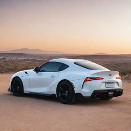 A sleek, Toyota Supra parked in a traditional Algerian landscape at sunset, displaying a contrast between modern auto technology and traditional Algerian architecture.