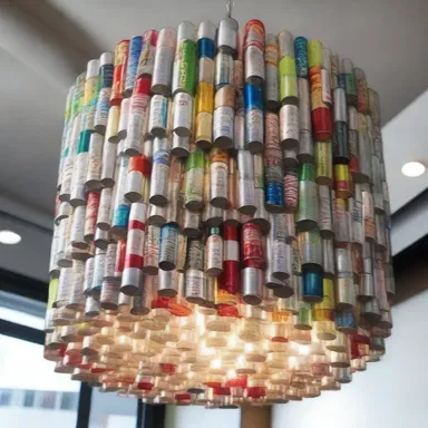 The artist repurposed soda cans to create a unique and eco-friendly chandelier for the modern interior design of the restaurant.