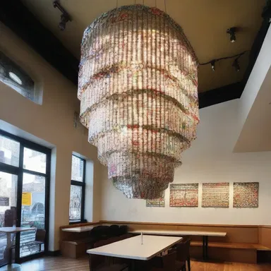 The artist repurposed soda cans to create a unique and eco-friendly chandelier for the modern interior design of the restaurant.