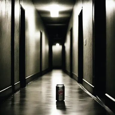 As I walked through the dark and eerie hallway, I heard the sound of a soda can rolling towards me, echoing with an ominous and chilling tone.