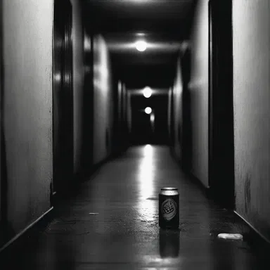 As I walked through the dark and eerie hallway, I heard the sound of a soda can rolling towards me, echoing with an ominous and chilling tone.
