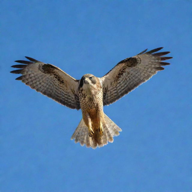 A soaring falcon with its wings fully spread, soaring against a clear blue sky