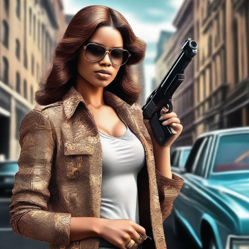 This is a hyper-realistic digital art piece featuring an attractive woman posing with a gun against a 70's cityscape