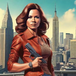 This is a hyper-realistic digital art piece featuring an attractive woman posing with a gun against a 70's cityscape