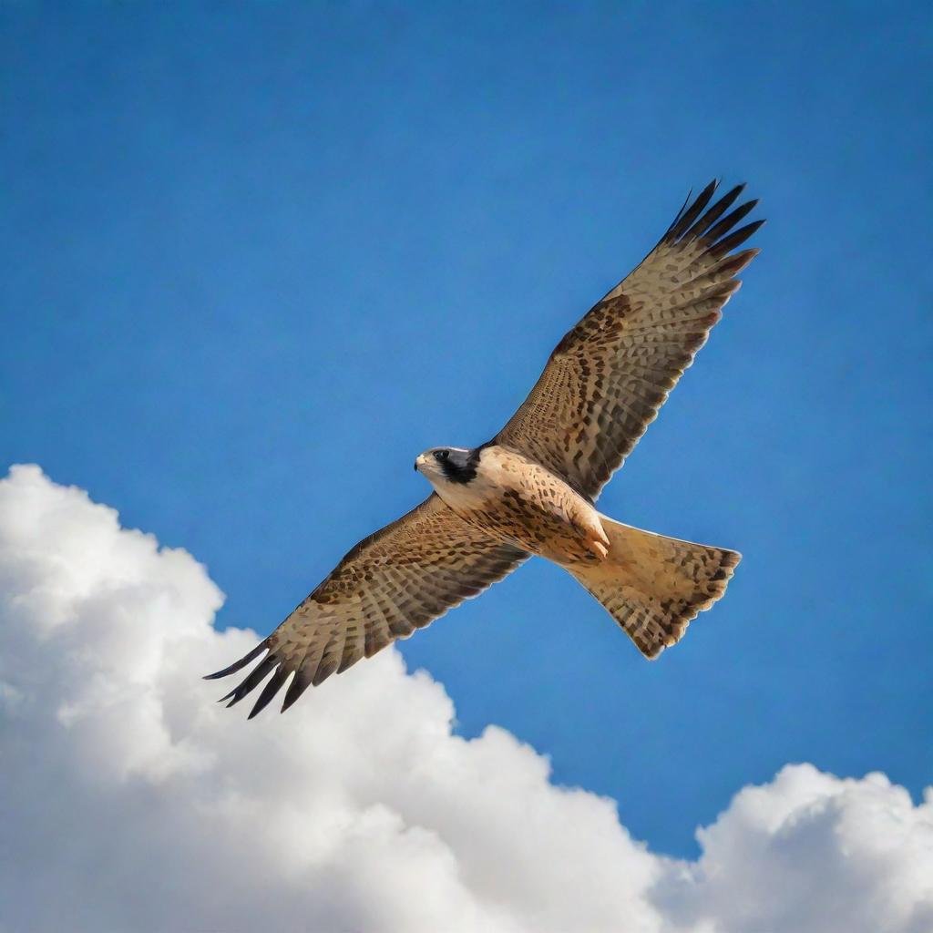 A falcon soaring majestically in a wide, blue, cloud-speckled sky