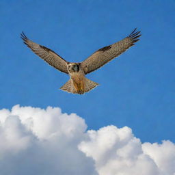 A falcon soaring majestically in a wide, blue, cloud-speckled sky