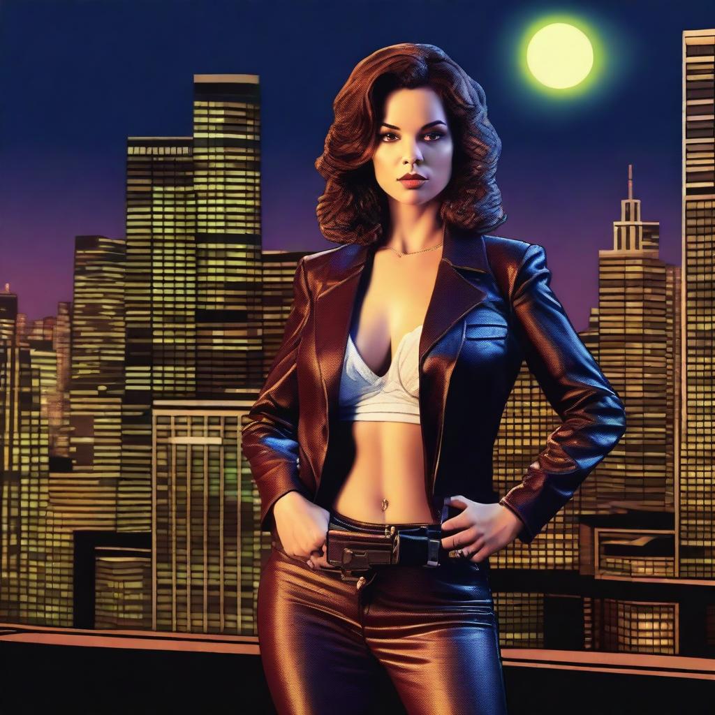 This is a realistic digital art piece, showcasing a woman confidently posing with a gun against a 70's nighttime cityscape