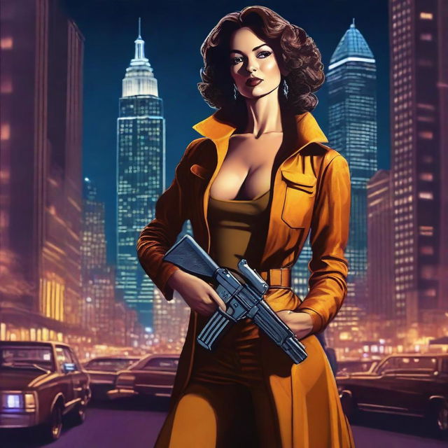 This is a realistic digital art piece, showcasing a woman confidently posing with a gun against a 70's nighttime cityscape