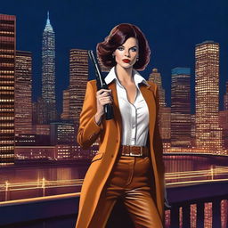 This is a realistic digital art piece, showcasing a woman confidently posing with a gun against a 70's nighttime cityscape