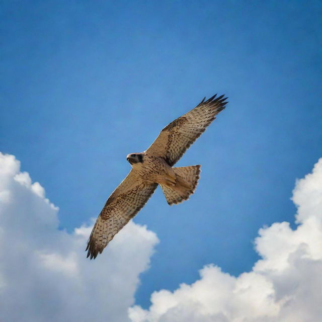 A falcon soaring majestically in a wide, blue, cloud-speckled sky