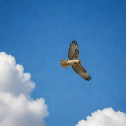 A falcon soaring majestically in a wide, blue, cloud-speckled sky