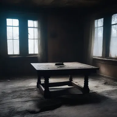 As the protagonist explores the haunted house, they stumble upon a room with an old trigon lying on a dust-covered table, giving off an eerie vibe.