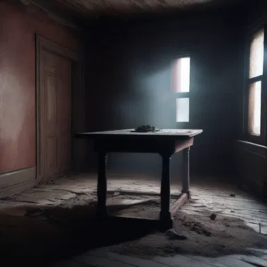 As the protagonist explores the haunted house, they stumble upon a room with an old trigon lying on a dust-covered table, giving off an eerie vibe.