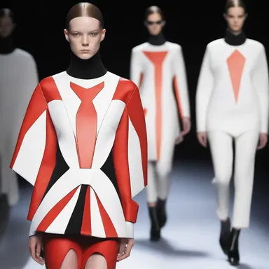 The avant-garde designer showcased a collection of futuristic garments featuring bold trigon patterns and geometric silhouettes.