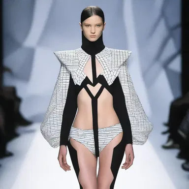 The avant-garde designer showcased a collection of futuristic garments featuring bold trigon patterns and geometric silhouettes.
