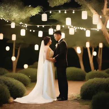 Underneath the starlit sky, the couple exchanged vows in a charming garden adorned with delicate trigon-shaped lanterns.