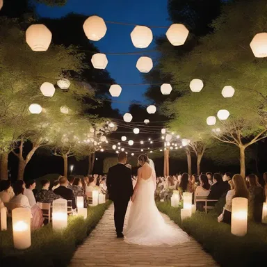 Underneath the starlit sky, the couple exchanged vows in a charming garden adorned with delicate trigon-shaped lanterns.
