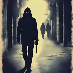 A high-quality, 70's inspired poster, featuring a mysterious masked serial killer lurking in the dimly lit streets at night, casting long, ominous shadows